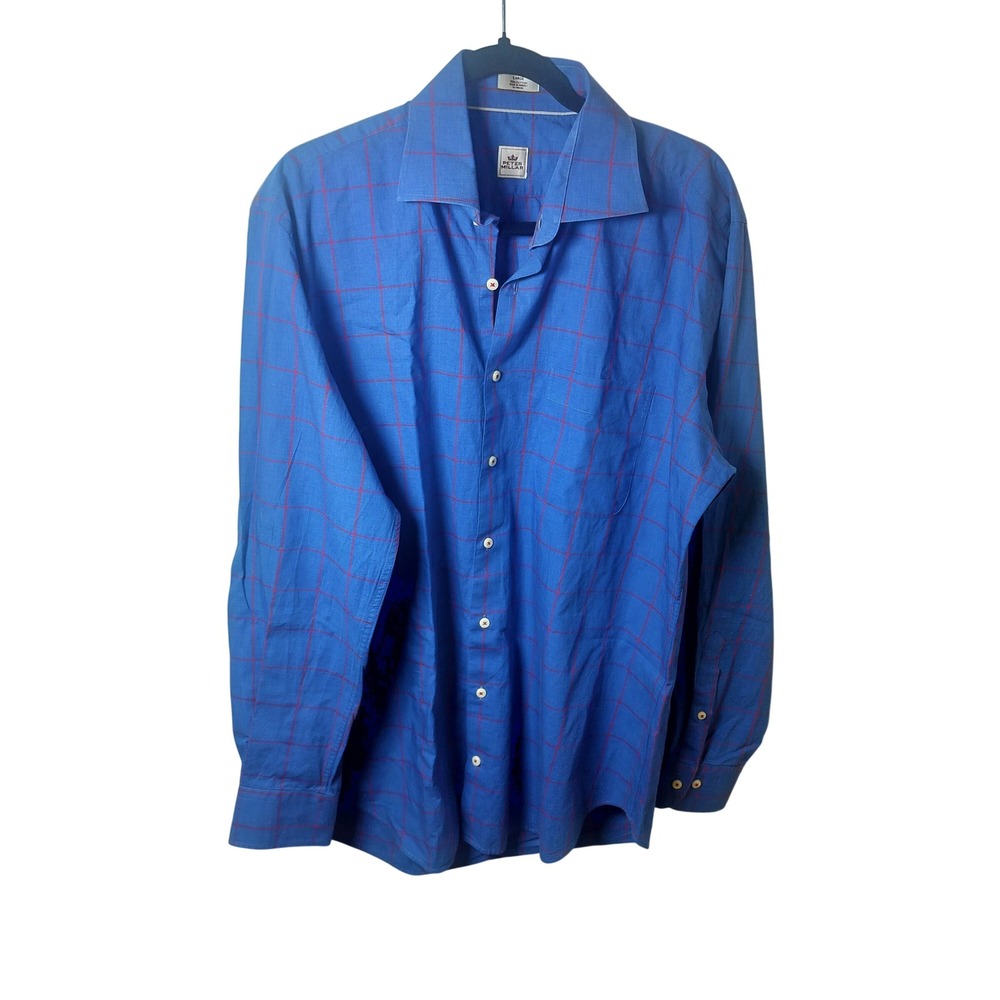 Peter Millar Blue Red Windowpane Check Cotton Button Down Shirt Mens Large